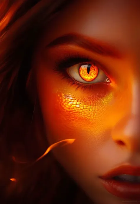 cute girl with fire bright  dragon eyes , intense gaze,