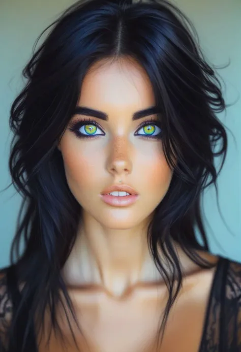 cute girl with large iridescent bright colorful eyes , intense gaze, toned torso and super thick dark black eyeliner and mascara. long hair down to shoulders, cute, dimples, slight smile, Exquisitely detailed close