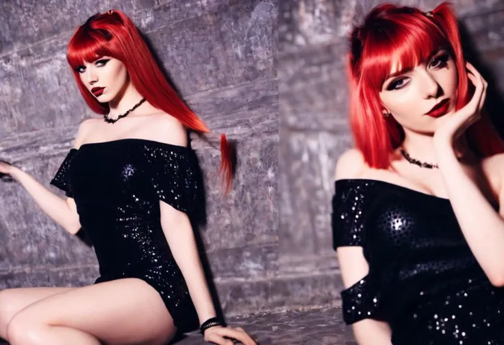 stunning
exquisite quality
red hair
bangs
long straight hair
nightclub setting
off the shoulder dress
little black dress
stockings
tattoo on shoulder
freckles
pale
shiny lip gloss
18 years old