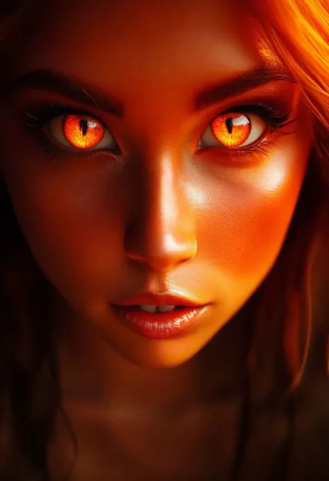 cute girl with fire bright  dragon eyes , intense gaze,