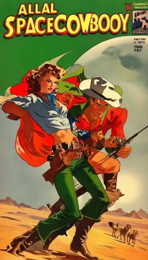 a cover for a comic book, a comic book cover about all space cowboy, 1 cowboy wearing a hat in the style of amazing stories, 1940s 1950s, red and green, comic art, realistic genre scenes, romanticized realism dynamic