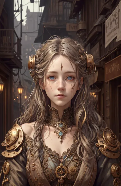 (by jeff lemire), art nouveau, old flimsy shabby steampunk townhouse, dark dungeon, stains, (high detailed skin:1.2), wires, hyperrealistic surrealism, realistic human figure, (sunlight on face, chinese han armor:0.5), masterpiece, night city street, {highres}, original design, (soft light), landscape with texture, goatee, fantasy theme, detailed face and eyes, forest, (detail fabric clothing ), long colored hair, (RAW photo, hdr) <lora:Steampunkcog:0.5>, architectural streets, city, intricate, low thunder clouds, emphasis on noir colors, background blur, cinematic lighting, trending on ArtStation, (extremely detailed CG unity 4k wallpaper), detailed face, (realistic: 1.3), hyper-realistic design, extremely detailed and beautiful aesthetic face, absurdres, peach eyes