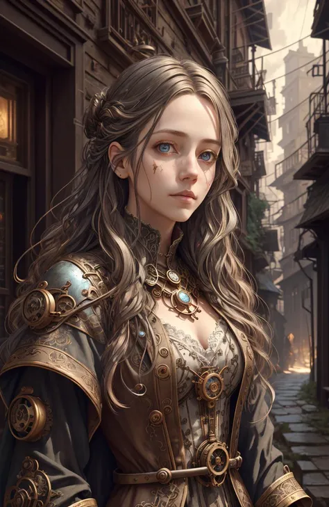 (by jeff lemire), art nouveau, old flimsy shabby steampunk townhouse, dark dungeon, stains, (high detailed skin:1.2), wires, hyperrealistic surrealism, realistic human figure, (sunlight on face, chinese han armor:0.5), masterpiece, night city street, {highres}, original design, (soft light), landscape with texture, goatee, fantasy theme, detailed face and eyes, forest, (detail fabric clothing ), long colored hair, (RAW photo, hdr) <lora:Steampunkcog:0.5>, architectural streets, city, intricate, low thunder clouds, emphasis on noir colors, background blur, cinematic lighting, trending on ArtStation, (extremely detailed CG unity 4k wallpaper), detailed face, (realistic: 1.3), hyper-realistic design, extremely detailed and beautiful aesthetic face, absurdres, peach eyes