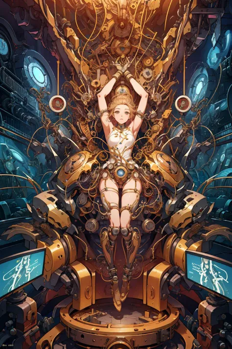 (masterpiece, top quality, best quality, official art, beautiful and aesthetic:1.2), extreme detailed,colorful,highest detailed ((ultra-detailed)), (highly detailed CG illustration), ((an extremely delicate and beautiful)),cinematic light,
cultivation tank,1girl, solo, restrained, science fiction, bound, arms up, bondage, ,
full body,machine made joints,mechanical cervial attaching to neck,expressionless,wires and cables attaching to neck,wires and cables on head,character focus,science fiction,
<lora:cultivation_tank_lora01:0.8>, <lora:Mechacog:0.8>, meccog, cog,front view,looking at viewer, , mecha bra,