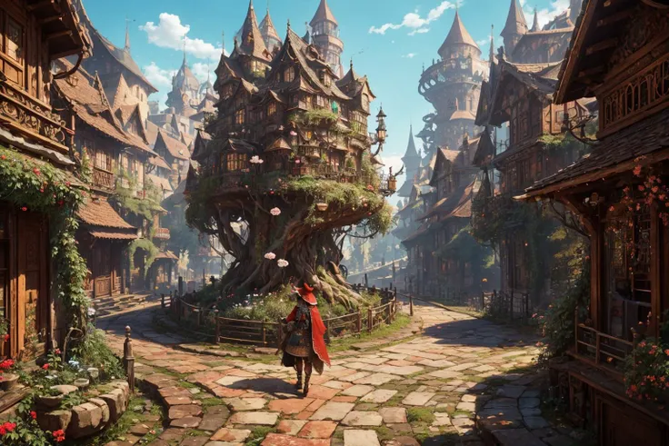 resourcefulness, full body, fantasy wizard hat, (intricate detailed:1.2), physically-based rendering, empty street, Red Riding Hood in front of magnificent gnarled ancient meandering tree with intertweened meandering roots, intricate details, best quality, f 1. 2, ((small herb garden background)), <lora:Steampunkcog:0.5>, (looking out at sprawling cyberpunk city skyline), weird mysterious object, blonde hair, flowers, fantasy creature, hypermaximalism, (house)