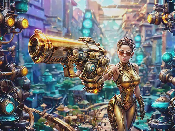 raw Photorealistic, sexy female cute face  steampunk robot , pointing with (1 antique golden bronce chrome colt) , (dark steampunk City in background),clear sky cogart by art nouveau + daniel merriam + James jean, highly detailed technical, beautiful, gorgeous, dramatic lighting, golden ratio, Intricate details, 8K, ultra realistic, photography, RTX, light mode, octane render, morbide, HDR <lora:Mechacog:1> shapes are, perfect straight, perfect round,  perfect elyptical,  <lora:easynegative:1>