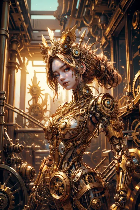 (steampunk:1.5), (clockpunk:1.2), (metal shine:1.2), (reflective:1.2), (head and torso:1.2), BREAK,
(1girl:1.2), (gears:1.4), (cogs:1.2), (clockwork:1.2), (mechanical body:1.5), (looking at viewer:1.2), (golden accents:1.2), (mechanical parts:1.2), (mechanical joints:1.0), (golden hair:1.2), (mechanical headdress:1.2), (blue eyes:1.2), BREAK,
meccog, <lora:Steampunkcog:0.8>, BREAK,
(masterpiece:1.4), (beautiful and aesthetic:1.4), (intricate:1.2), (detailed:1.2),