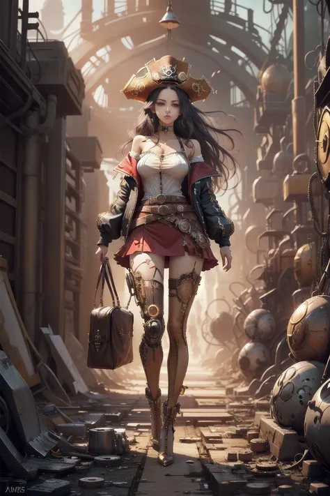 masterpiece,absurdres, highres, best quality, <lora:Steampunkcog:0.7>,meccog, cog,(mechanic:1.2), android,1girl, red eyes, (tentacles), torn clothes, pantyhose, breasts, long hair,black hair, red skirt, skirt, black jacket,white shirt, torn pantyhose, boots, sleeveless, hat, open clothes, bare shoulders, black pantyhose, belt, open jacket, off shoulder, high heels, pirate hat, art by art nouveau + daniel merriam + James jean, highly detailed technical, beautiful, gorgeous, dramatic lighting,trending on artstation,beautiful eye