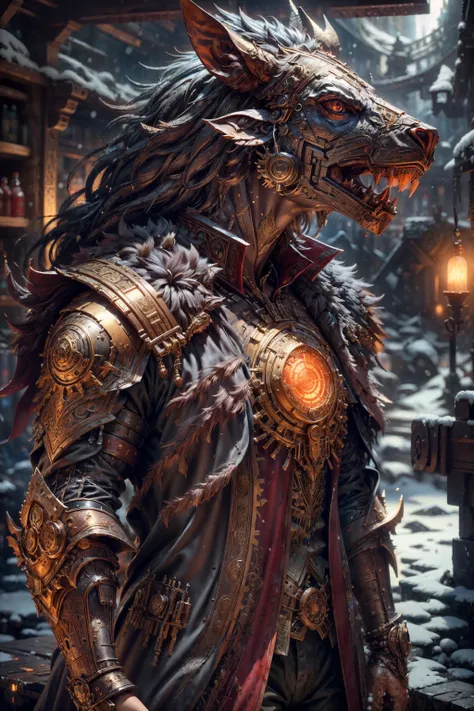 ((best quality)), ((masterpiece)), (detailed), A steampunk 35 yo beast with red gl0w1ngR, (muscular:1.2), cowboy shot, portrait, armor, [grey | dark | grey hair], meccog, cog, 5 fingers, detailed hand, QuickHands, highly detailed eyes, look at distance, workshop, winter, snow, hyperrealism, rim lighting, fantasy scifi creature, hyper realistic, steampunk, intricate design, insanely detailed, (cinematic, ultra HD textures, highly detailed, intricate detail,  photorealistic, concept art, matte painting, autodesk maya, vray render, ray tracing, hdr)  <lora:Mechacog:0.5>  <lora:gl0w1ngR10(1)Civit:0.7> <lora:add_detail:1> <lora:LowRA:0.4> <lora:QuickHandsV2_D:0.6>