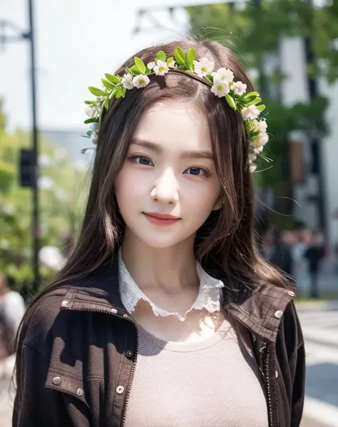 1girl, a young woman, upper body, (looking at viewer:1.3), (schoolgirl jacket), (flower crown), (beautiful city, beautiful sky background), natural skin color, (closed mouth:1.2), (medium breast), floating hair, beautiful expression, face detailed, eyes detailed, iris detailed, masterpiece, best quality, photorealistic, hyper realistic, ultra detailed, perfect lighting, depth of field, shadows, highres, <lora:sayhello0o-v1-rvirene:1>