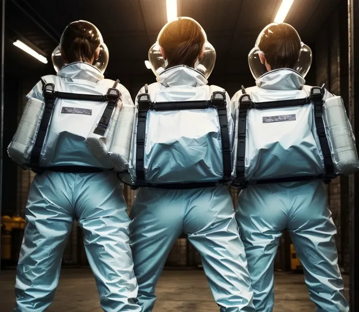 Photo of 3 women in hazmat suits, from behind, (beautiful, gorgeous, pretty), (best quality, photo-realistic, highly detailed, absurdres:1.4), best lighting, hyper-realistic, sharp focus, 32k resolution, RAW