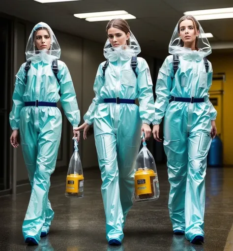 Photo of 3 women in hazmat suits, detailed faces, (beautiful, gorgeous, pretty), (best quality, photo-realistic, highly detailed, absurdres:1.4), best lighting, hyper-realistic, sharp focus, 32k resolution, RAW