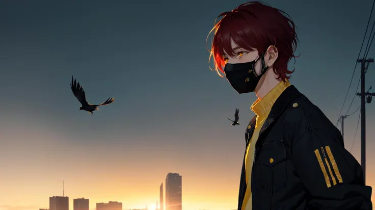 (masterpiece:1.5) , (extremely detailed CG, ultra-detailed, best shadow:1.1) , ((layered illustration, professional illustration, dynamic shadows)),(finely detailed eyes and detailed face), 1boy, sinister, deadly, jokester, mysterious, silent, emotionless, (((older mature male, mature male, solo, black plain mask))), (light red hair, yellow eyes, asymmetrical bangs, wavy short hair, shirt, sweater jacket:1.5), <lora:bekosIKEMENWORLD_v10:0.9>,crows flying, ((side view)), dark city, abandoned, empty