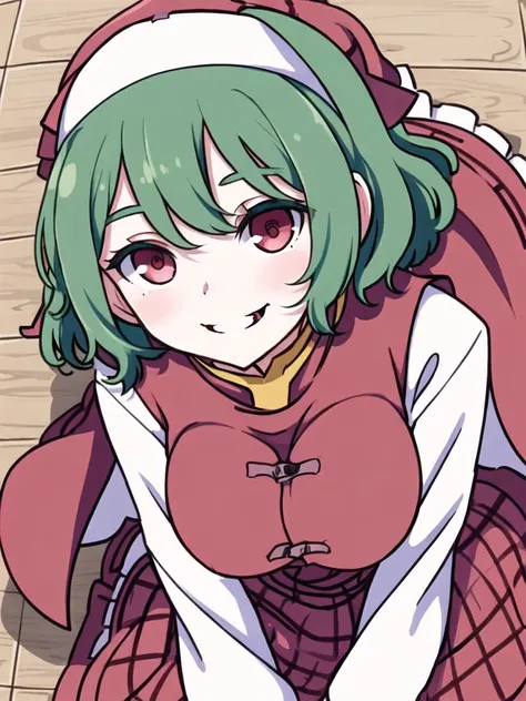masterpiece, kamepan, realistic, realism, from above, praying, male pov, cum on face, hands together, kneeling, kazumi Yuuka, yandere, in church, large breasts, plaid jacket, white under-shirt, (nun:1.2), evil smile, short hair, green hair, ruby eyes, red eyes,