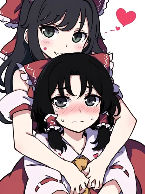 Masterpiece, best quality, ara ara, best work, blush, beautiful face, lewd face, outstretched arms, hugging, mother and son, hearts, warm colors, slutty, detailed eyes, hakurei reimu, black hair, steam, large breasts, covered nipples,