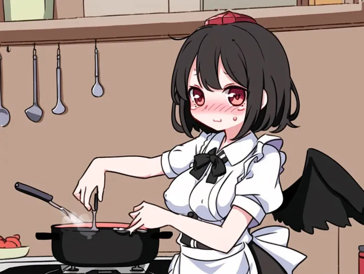 Masterpiece, best quality, (shameimaru aya), wings, best work, blush, beautiful face, cooking, hose wife, kitchen, apron, mother and son, hearts, warm colors, slutty, detailed eyes, black hair, steam, large breasts, covered nipples,