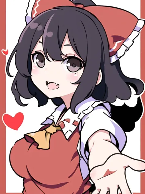 Masterpiece, best quality, best work, beautiful face, lewd face, outstretched arms, incoming hug, hearts, warm colors, slutty, detailed eyes, hakurei reimu, black hair, steam, large breasts,