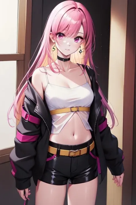 masterpiece, best quality, high quality, Mai Synth V, synthesizervmai  <lora:Mai Synthesizer V:0.6> cowboy_shot,pink hair, open black jacket, white crop top, black shorts