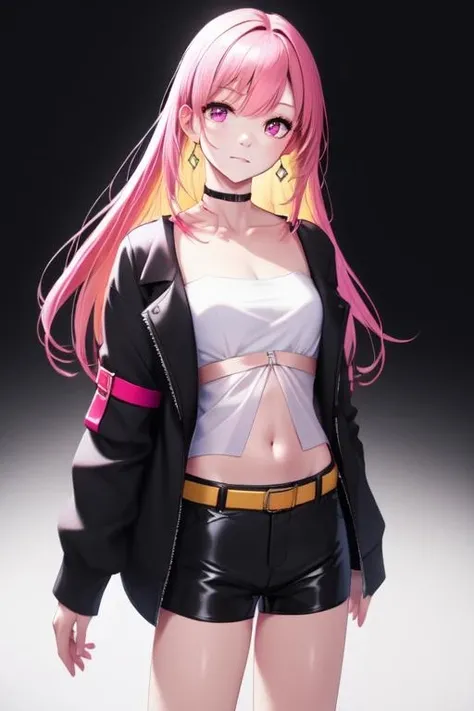 masterpiece, best quality, high quality, Mai Synth V, synthesizervmai <lora:Mai Synthesizer V:0.6> cowboy_shot,pink hair, open black jacket, white crop top, black shorts