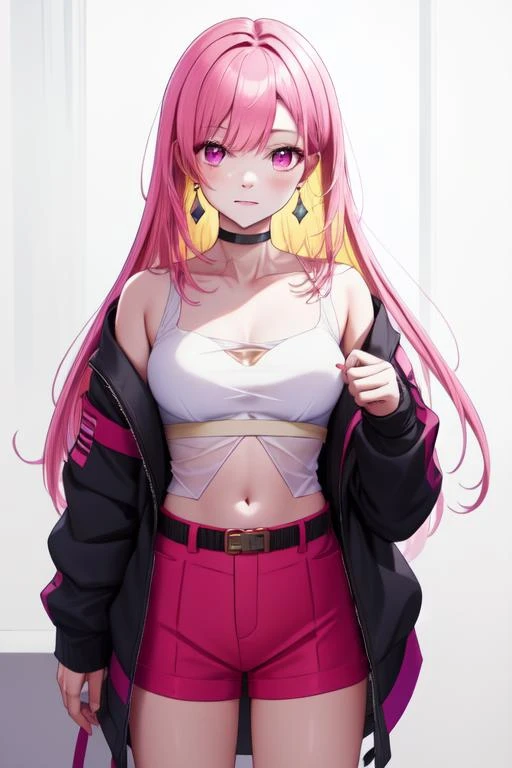 masterpiece, best quality, high quality, Mai Synth V, synthesizervmai  <lora:Mai Synthesizer V:0.6> cowboy_shot,pink hair, open black jacket, white crop top