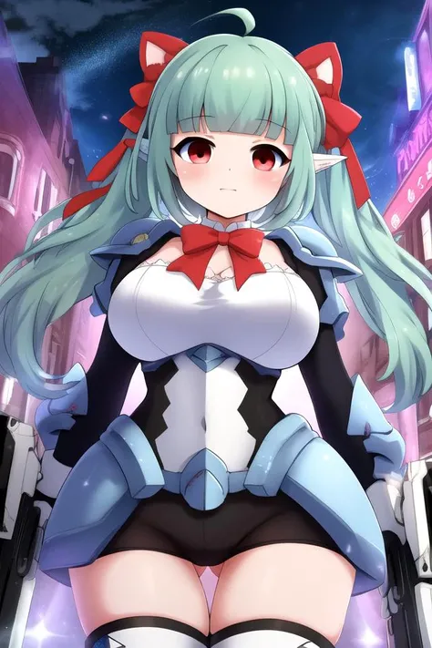 ((cinematic light)), (colorful:1.2), hyper detail, dramatic light, intricate details, (best quality:1.2), highly detailed,Anime, Moe, illustration, (masterpiece:1.2), best quality, ultra-detailed, best shadow, (beautiful detailed face, beautiful detailed eyes), high contrast, (best illumination, an extremely delicate and beautiful),
<lora:Sadone_Battle-Girl-High-School:0.7>green hair, ahoge, low twintails, hair bow, red bow, blunt bangs, very long hair, sidelocks, robot ears, red eyes, armor, neck ribbon, red ribbon, white gloves, white thighhighs, outdoors, city, (magical girl,mecha), (dual-wielding pistols:1.2),