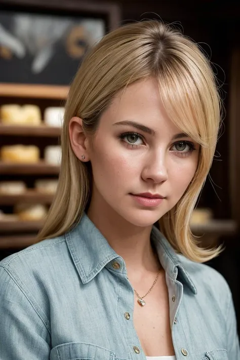 beautiful woman (EPM1ch43l4Murphy:.99), perfect hair, jewellery, eyeliner, ((portrait)), (closeup:1.2), ((from the waist up)), ((( A stylish, contemporary cheese shop, filled with a variety of gourmet cheeses and a warm, inviting atmosphere :1.2 ))), natural skin texture, (( Chambray shirt and white jeans :1.2)), 24mm, 4k textures, soft cinematic light, adobe lightroom, photolab, hdr, intricate, elegant, highly detailed, sharp focus, ((((cinematic look)))), soothing tones, insane details, intricate details, hyperdetailed, low contrast, soft cinematic light, exposure blend, hdr, faded, now, ("I've got a bad feeling about this.":1.1)