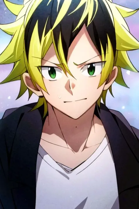 masterpiece, best quality, movie still, 1boy, solo, male focus, looking at viewer, upper body, , (watercolor illustration, soft pastel colors:1.1), , ,, <lora:gonzaburou_tashiro:0.68>, gonzaburou_tashiro, blonde hair, multicolored hair, two-tone hair, black hair, green eyes, , , , <lora:fairy_tail_style:0.88>, fairy_tail_style