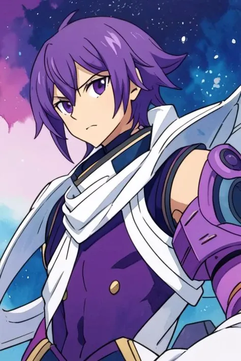 masterpiece, best quality, illustration, 1boy, solo, male focus, looking at viewer, , , (watercolor illustration, soft pastel colors:1.1), , ,, <lora:shin_wolford:0.66>, shin_wolford, purple eyes, purple hair, robot costume, science fiction xenopunk, , <lora:fairy_tail_style:0.7>, fairy_tail_style