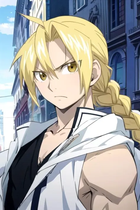 masterpiece, best quality, game cg, 1boy, solo, male focus, looking at viewer, , , , realistic, ,, <lora:edward_elric:0.66>, edward_elric, blonde hair, yellow eyes, braid, single braid, long hair, , , The City of Glas, , <lora:fairy_tail_style:0.92>, fairy_tail_style