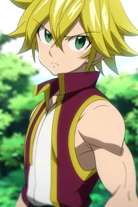 masterpiece, best quality, sketch, 1boy, solo, male focus, looking at viewer, , depth of field, , , ,, <lora:meliodas_nanatsu_no_taizai:0.70>, meliodas_nanatsu_no_taizai, blonde hair, green eyes, disco costume, Shambhala: A hidden paradise where enlightened beings live in perfect harmony, 8k resolution, <lora:fairy_tail_style:1>, fairy_tail_style