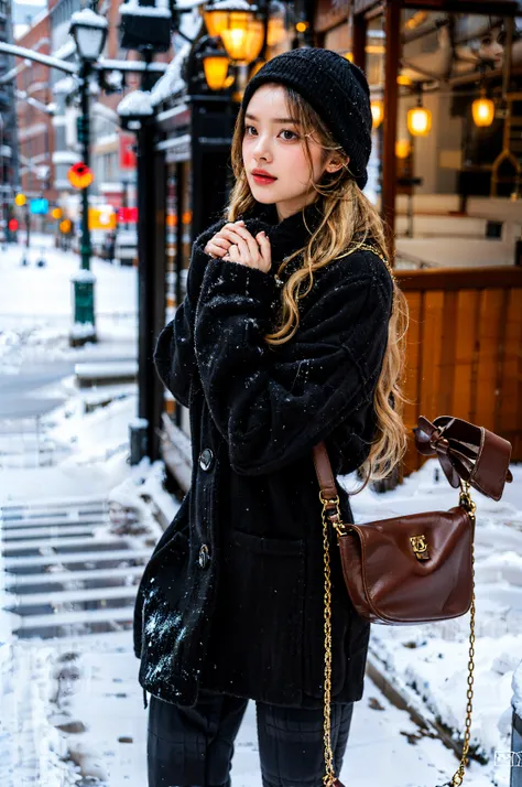 professional portrait photograph of a gorgeous Norwegian girl in winter clothing with long wavy blonde hair,sultry flirty look,gorgeous symmetrical face,cute natural makeup,wearing elegant warm winter fashion clothing,standing outside in snowy city street, <lora:hannilorashy:0.7>