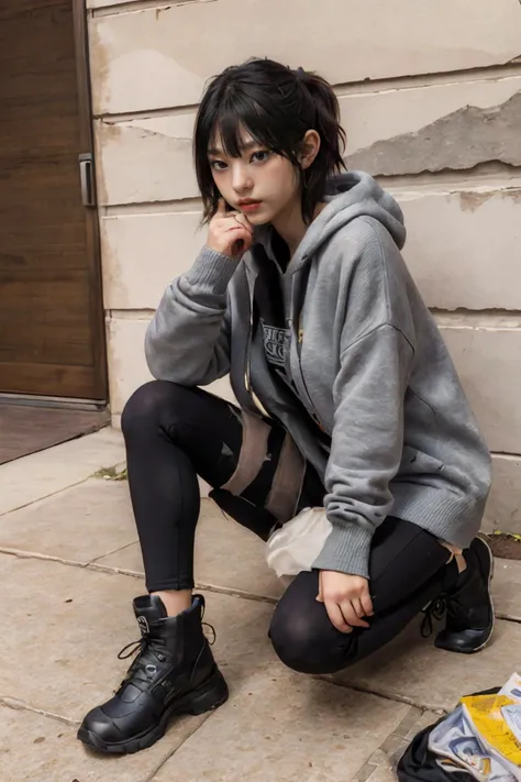 (masterpiece, best quality, 8k, RAW photo, beautiful and aesthetic:1.2), complex detail, Indirect light, photorealistic,
((woman:1.5)),  Hooded Aran sweater with leggings and hiking boots,
<lora:CatKang:1>, catkang,