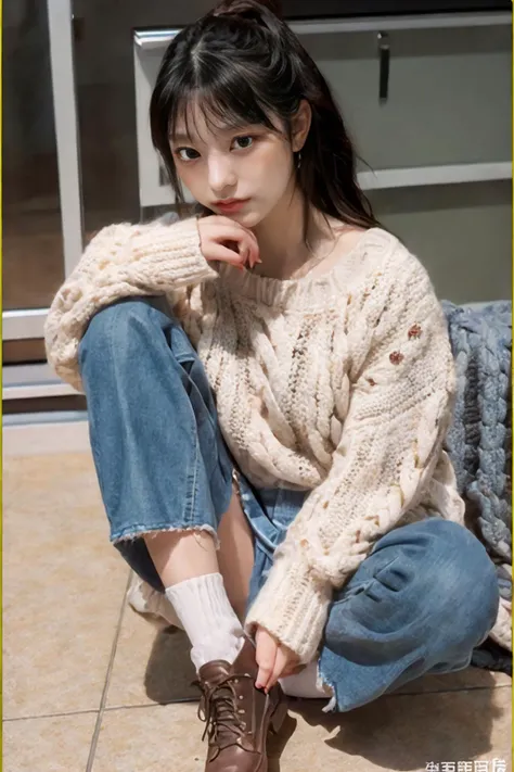 (masterpiece, best quality, 8k, RAW photo, beautiful and aesthetic:1.2), complex detail, Indirect light, photorealistic,
((woman:1.5)), Cable-knit Aran sweater with a button-front denim skirt and ankle boots,
<lora:CatKang:1>, catkang,