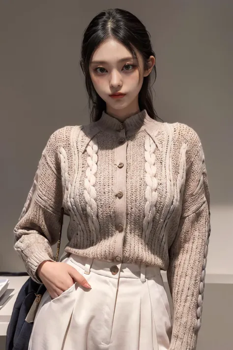 (masterpiece, best quality, 8k, RAW photo, beautiful and aesthetic:1.2), complex detail, Indirect light, photorealistic,
((woman:1.5)),  Cropped Aran sweater layered over a button-down shirt with high-waisted trousers and loafers,
<lora:CatKang:1>, catkang,