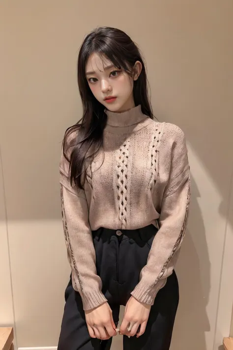 (masterpiece, best quality, 8k, RAW photo, beautiful and aesthetic:1.2), complex detail, Indirect light, photorealistic,
((woman:1.5)),  Mock neck Aran sweater tucked into wide-leg pants with pointed-toe flats,
<lora:CatKang:1>, catkang,