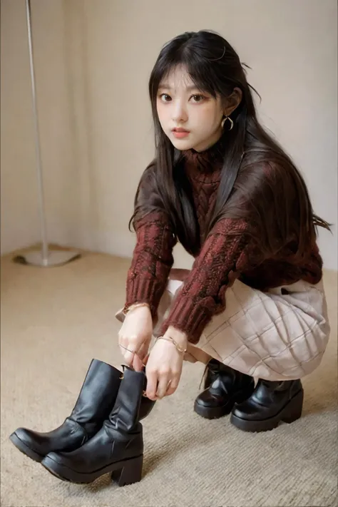 (masterpiece, best quality, 8k, RAW photo, beautiful and aesthetic:1.2), complex detail, Indirect light, photorealistic,
((woman:1.5)),  Turtleneck Aran sweater tucked into a plaid skirt with knee-high boots,
<lora:CatKang:1>, catkang,