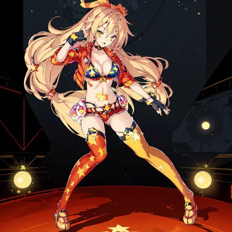 masterpiece,high quality,ultra high definition,solo,outdoors,<lora:unity_chan-10:1>unity_chan, 1girl, long hair, blonde hair, thighhighs, gloves, navel, cleavage, medium breasts, underwear, swimsuit, full body, yellow eyes, bikini, choker, midriff, belt, fingerless gloves, star (symbol),short shorts, headband, cropped jacket, star print, mismatched regwear,Thighhighs, red shorts,red pants