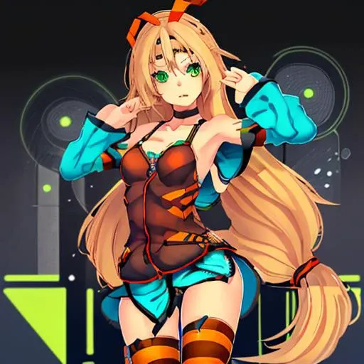 <lora:unity_chan:1>Masterpeace,best quality,unity_chan,1girl,blonde hair,solo,green eyes,low-tied long hair,striped thighhighs,gloves,cleavage,jacket,hairband,detached sleeves,medium breasts,cropped jacket,choker,belt,headband,bare shoulders,orange thighhighs,hoodie,brown vest,Schoolmizu
