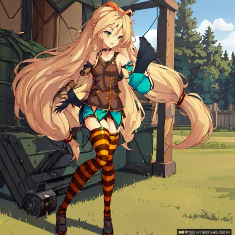 masterpiece,high quality,ultra high definition,solo,outdoors,<lora:unity_chan-10:1>unity_chan, 1girl, long hair, blonde hair,low-tied long hair, green eyes, striped thighhighs