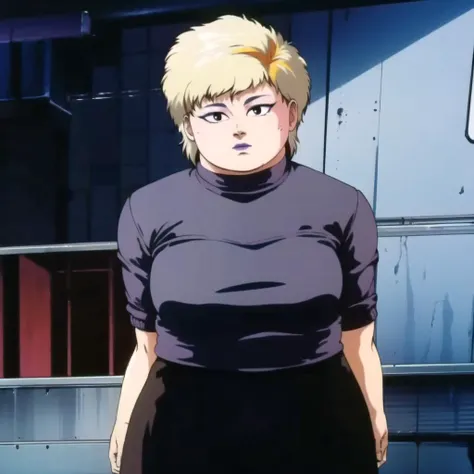 (masterpiece), (1girl:1.3), (sfw), ritsuko (wearing a tank top, wearing a short pencil skirt), ((small_tits)),  sitting posing for a picture in a (office:1.4), office chair, mole under eye, makeup, lipstick, red lips, earrings, short hair, ((blonde hair:1.6)), bangs, brown eyes, (extremely wide hips:1.5, extremely thick thighs:1.5), squishy skin,  (vhs:1.3), (analog quality:1.4), (film grain:1.6),  <lora:breastHelperBetaLORA_betaV1:0.5> <lora:ritsukoAkagi_v10:0.6> <lora:evangelion1995Style_v1:1>