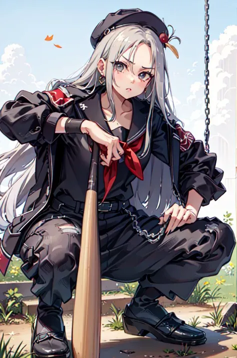 holding baseball bat, (baseball bat:1.3), <lora:StS-Coat-and-Jacket-On-Shoulders-Iteration2:0.5> dataset, jacket on shoulders, <lora:DelinquentT:0.85> DelinquentT, squatting, long skirt, bandeau, hat, jacket on shoulders, (chest sarashi:1.3),, ultra detailed, masterpiece, best quality, aesthetic, detailed,, serious, 1girl, (white eyes:1.1), (grey eyes:1.3), white hair, very long hair, parted hair, parted bangs, <lora:parted_hair_v1.3:1.3>, medium breasts,