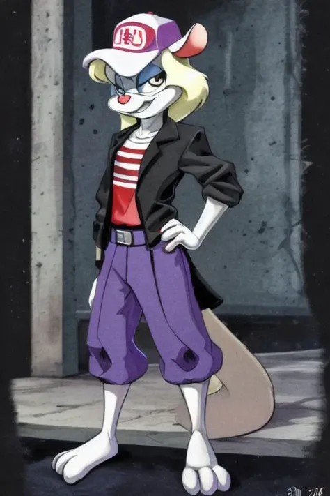 Minerva Mink (Animaniacs), <lora:DelinquentT-16:1>, DelinquentT, standing, hand on hip, best quality, masterpiece, highres