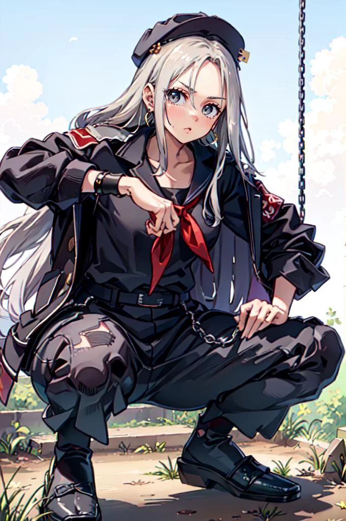 cowboy shot, holding baseball bat, , <lora:StS-Coat-and-Jacket-On-Shoulders-Iteration2:0.5> dataset, jacket on shoulders, <lora:DelinquentT:0.85> DelinquentT, squatting, long skirt, bandeau, hat, jacket on shoulders, (chest sarashi:1.3),, ultra detailed, masterpiece, best quality, aesthetic, detailed,, serious, 1girl, (white eyes:1.1), (grey eyes:1.3), white hair, very long hair, parted hair, parted bangs, <lora:parted_hair_v1.3:1.3>, medium breasts,