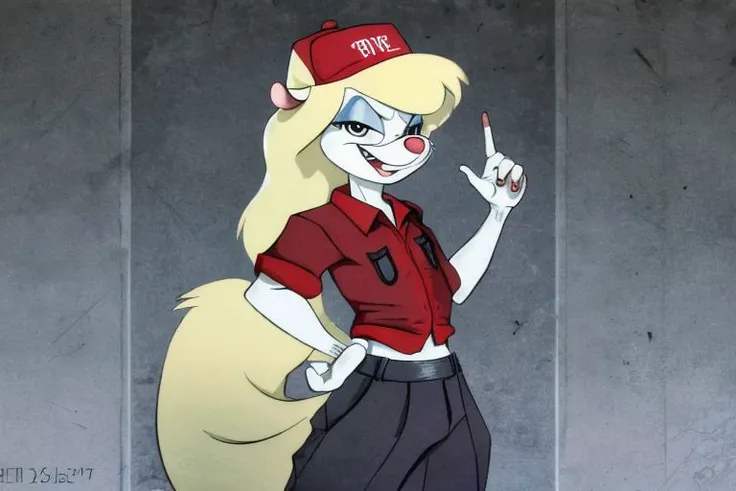 Minerva Mink (Animaniacs), <lora:DelinquentT-16:1>, DelinquentT, standing, hand on hip, best quality, masterpiece, highres