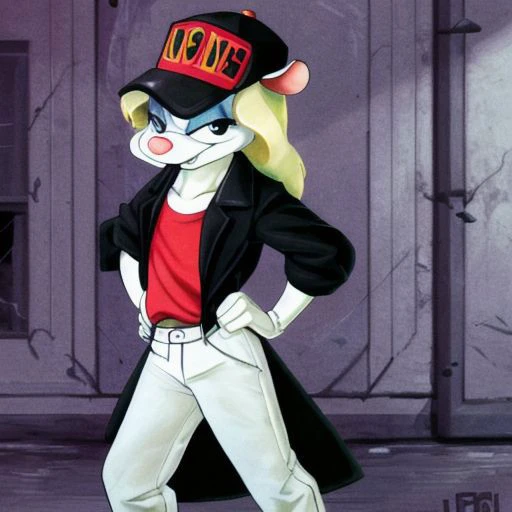 Minerva Mink (Animaniacs), <lora:DelinquentT-16:1>, DelinquentT, standing, hand on hip, best quality, masterpiece, highres