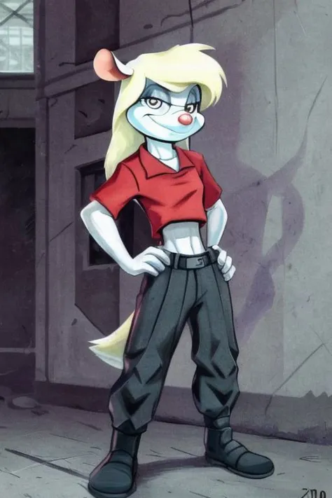 Minerva Mink (Animaniacs), <lora:DelinquentT-16:1>, DelinquentT, standing, hand on hip, best quality, masterpiece, highres