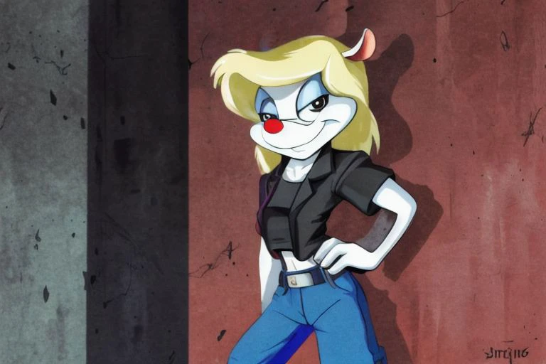 Minerva Mink (Animaniacs), <lora:DelinquentT-16:1>, DelinquentT, standing, hand on hip, best quality, masterpiece, highres