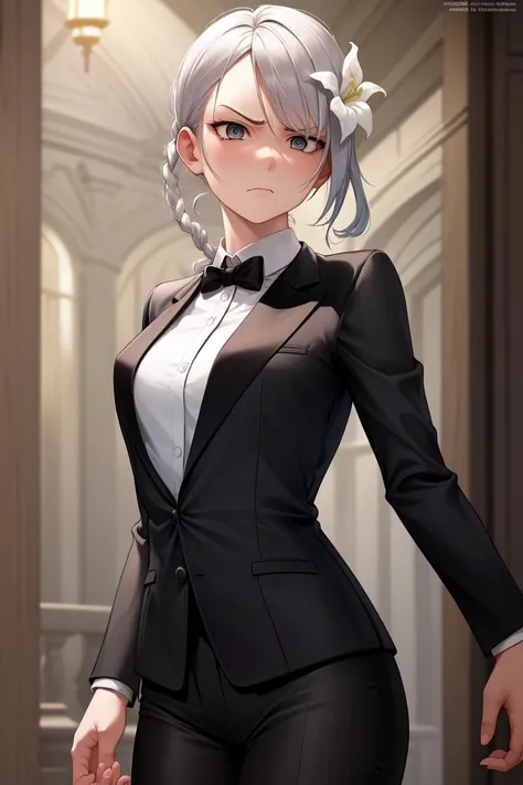 Kaine, <lora:KaineV1-000006:0.8>, (2d:1.2), 1girl, flower, bandages, solo, hair_ornament, bandaged_leg, braid, fancy tuxedo, suit, crossdressing, upper_body, hair_flower, grey_eyes, annoyed_expression, grabbing clothing, uncomfortable expression, digital art, HDR, cinematic lighting, hard lighting amazing shading, professional art, 2d character, painting_\(medium\) background, fantasy, medieval, ballroom,