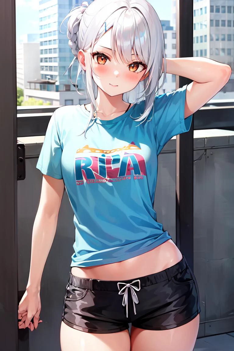 kaine, 1girl, white_hair, t-shirt, shorts, contemporary,
<lora:KaineV1-000006:0.8>