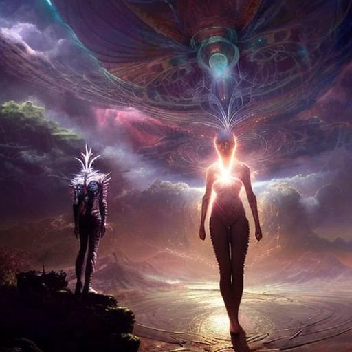 Kavellion style, Beautiful alien machine goddess of the rainstorms in white celtic robes by android jones alex grey m, c, escher h, r, giger android jones alex grey mark cooper alien beauty alien cyborg machine goddess beauty alien celtic red - haired rainstorm goddess with white robes and metallic machine deity alex grey android jones hr giger artgerm artstation award winning photorealistic detailed hypervivid intense fantasy concept art by greg rutkowski